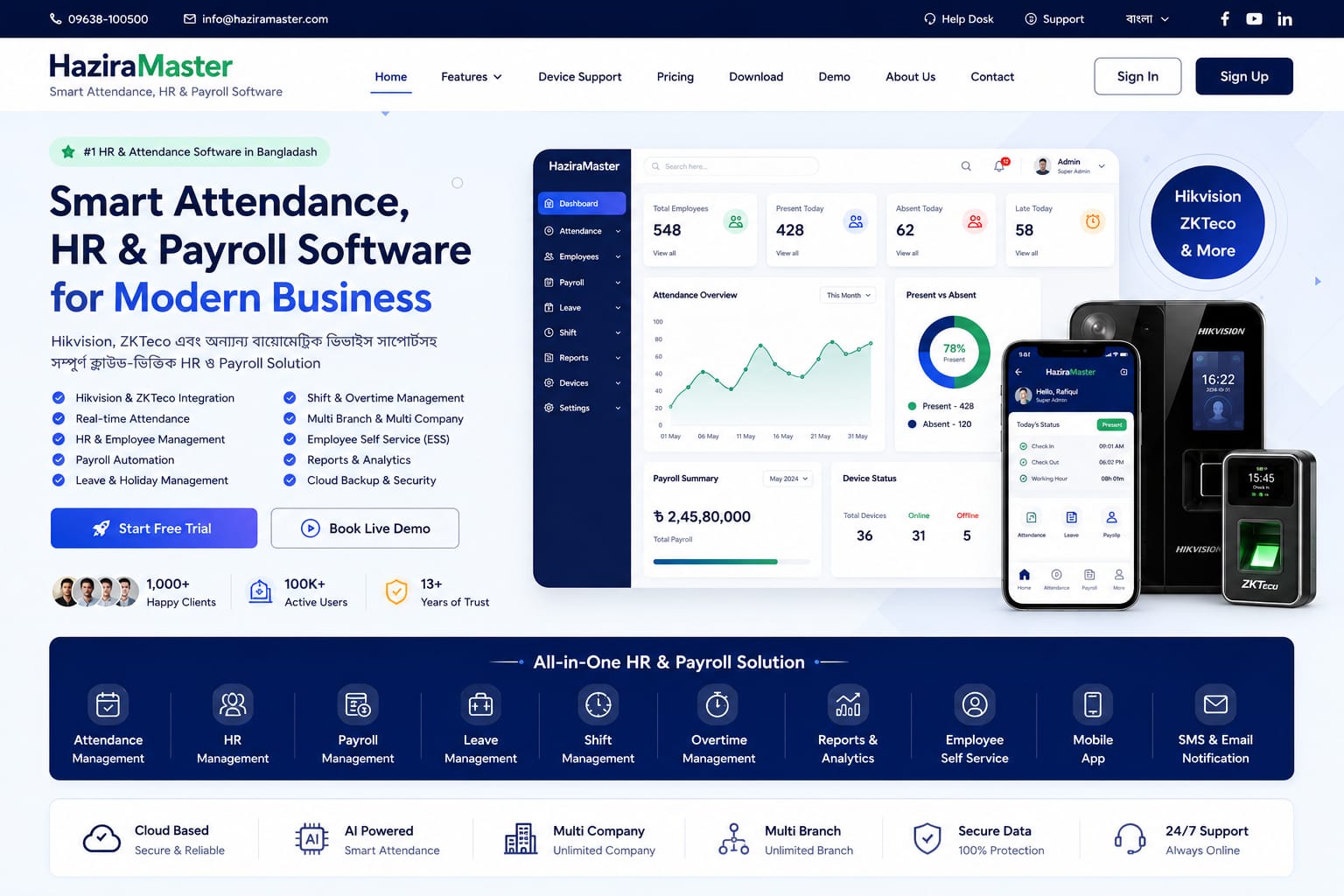HaziraMaster Live Dashboard & Biometric Showcase